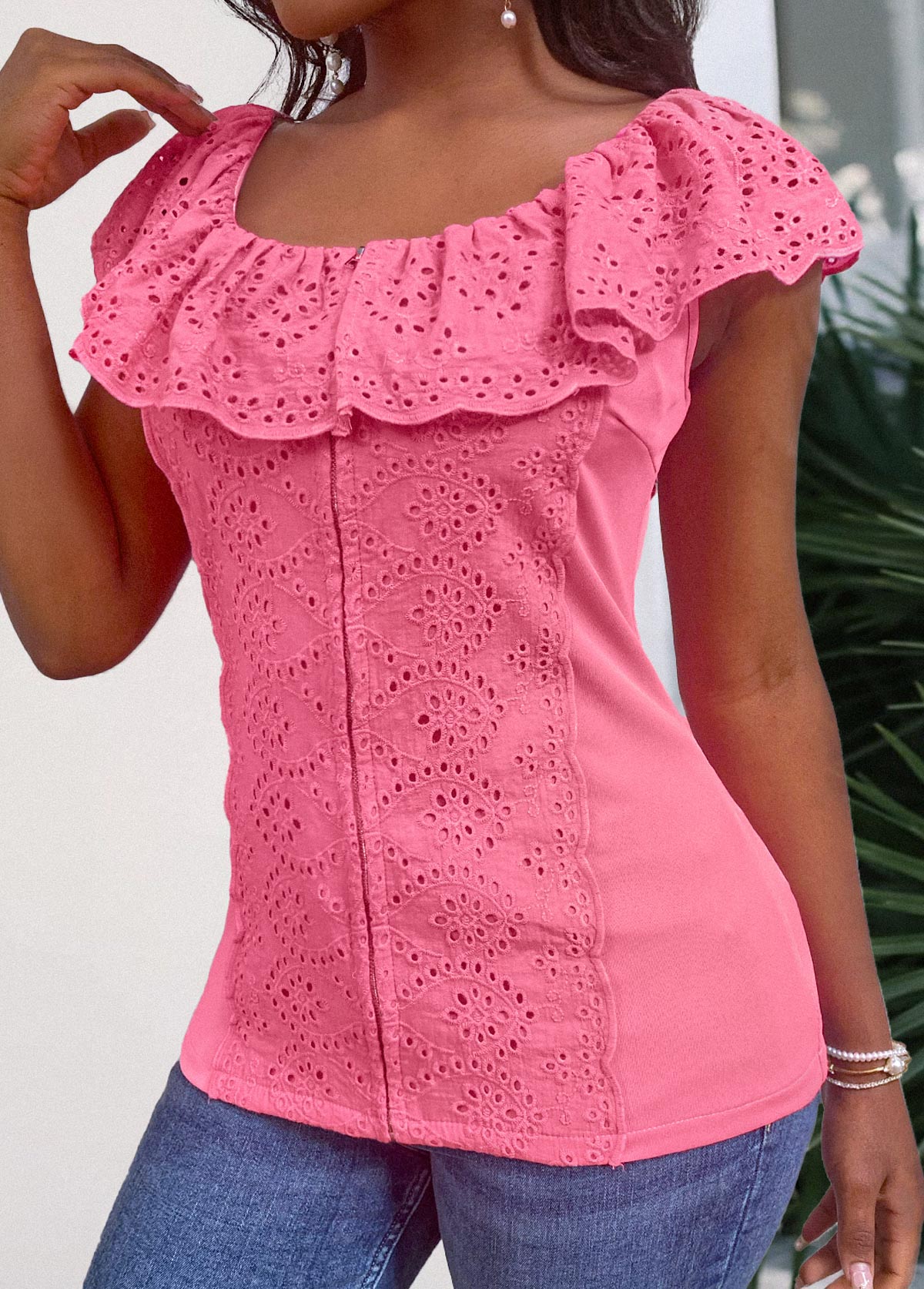 Short Sleeve Zipper Pink Boat Neck T Shirt