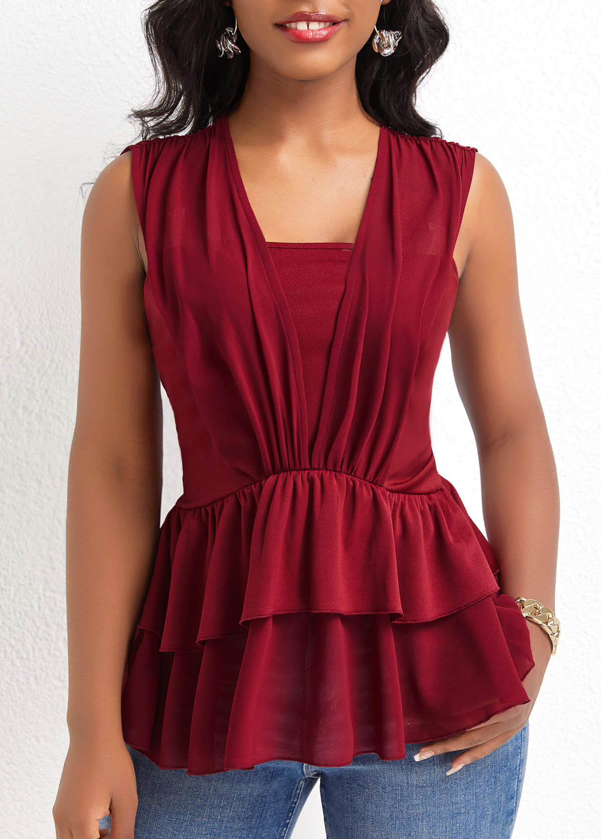 Layered Square Neck Sleeveless Wine Red Blouse