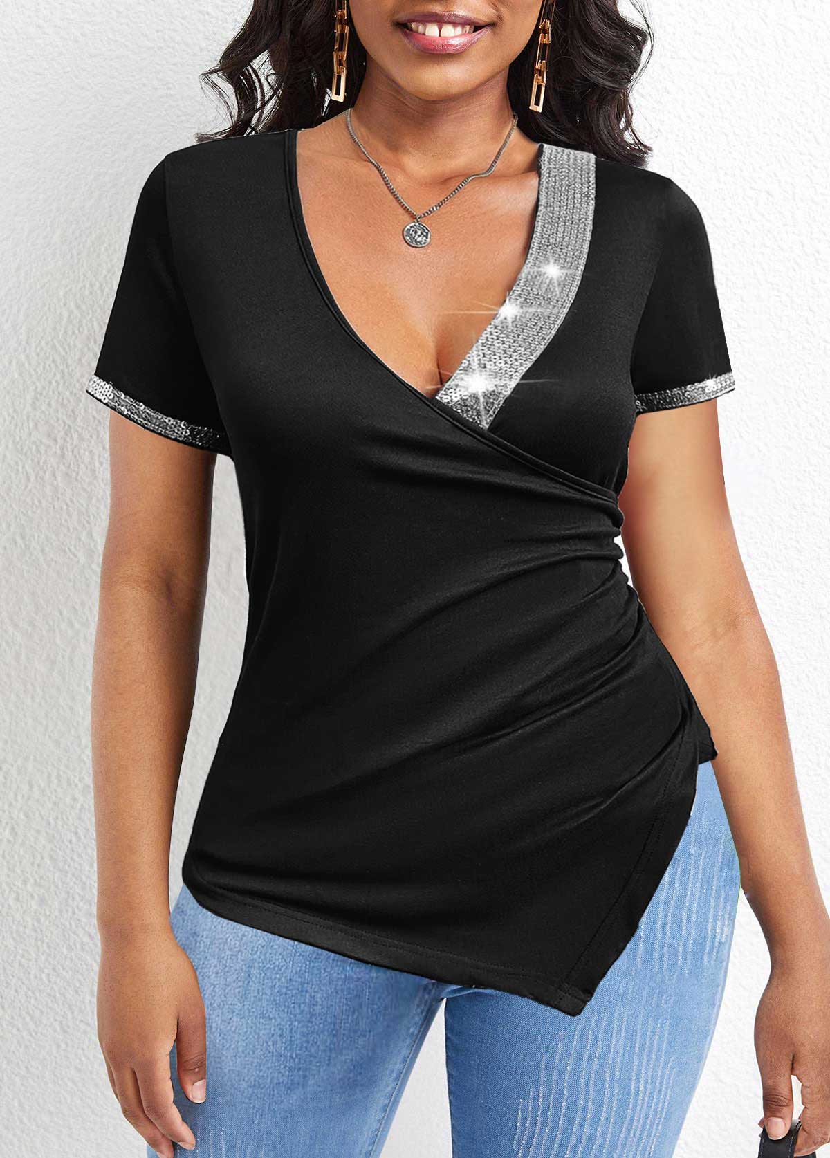 Asymmetry Sequin Black V Neck Short Sleeve T Shirt