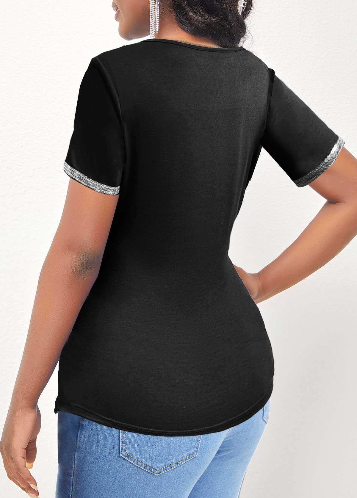Asymmetry Sequin Black V Neck Short Sleeve T Shirt
