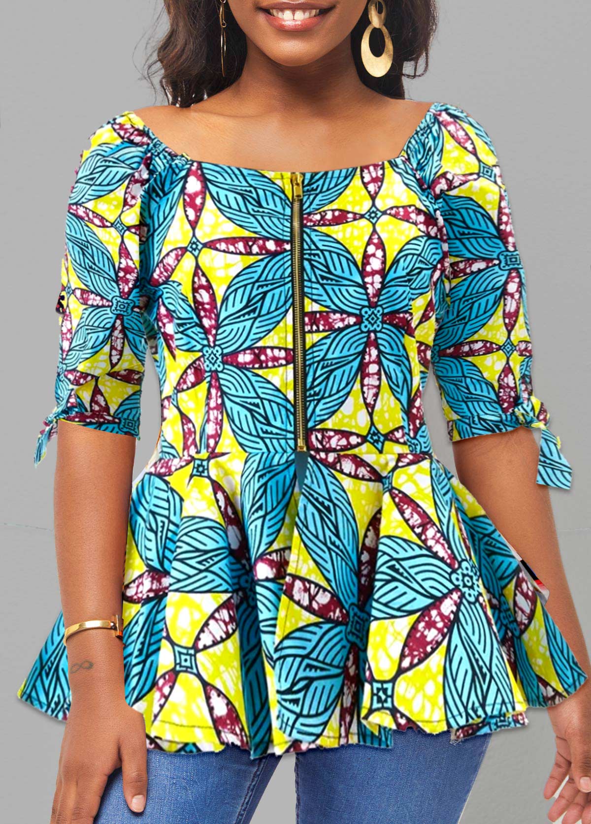 Tribal Print Zipper Multi Color Square Neck Blouse
