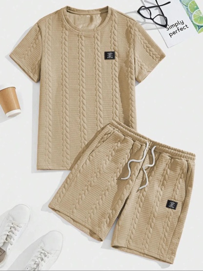 Men's Solid Textured Knit Patched Tee & Drawstring Waist Shorts Set