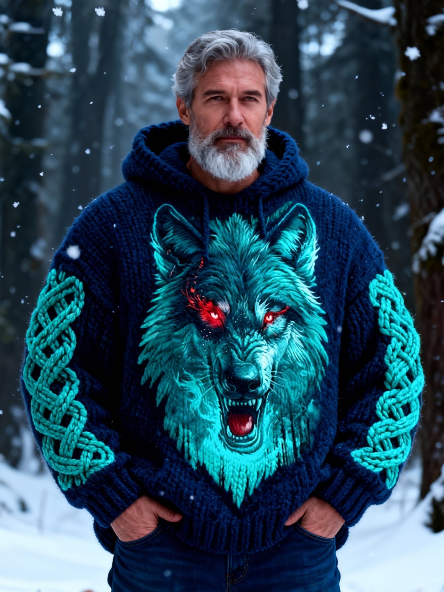 Men's Red-Eyed Wolf Kettle Knot Hooded Sweater 