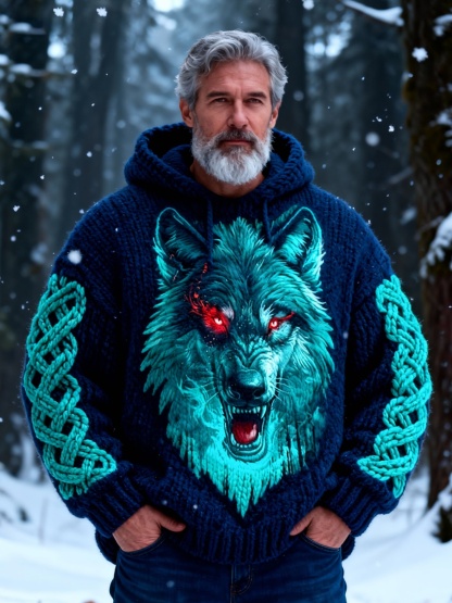 Men's Red-Eyed Wolf Kettle Knot Hooded Sweater 