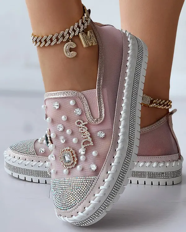Pearls Rhinestone Decor Muffin Loafers