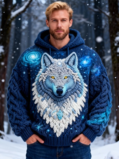 Men's Galaxy Wolf Chunky Knit Hooded Sweater