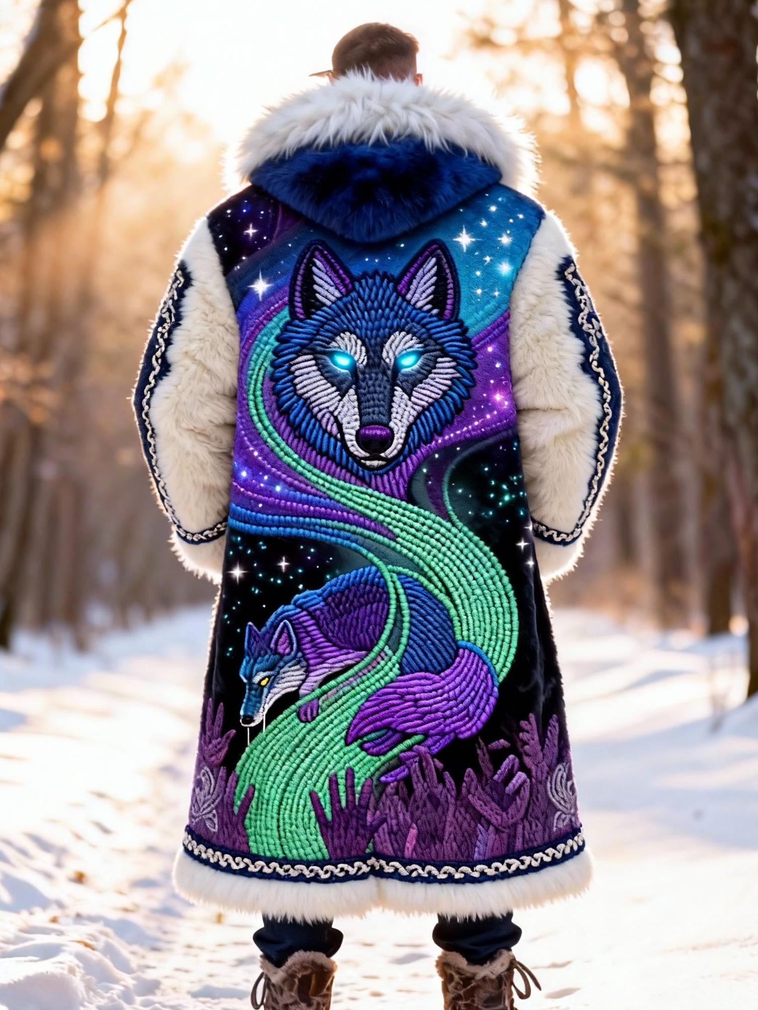 Men's Starry Sky Wolf and Fox Plush Long Coat