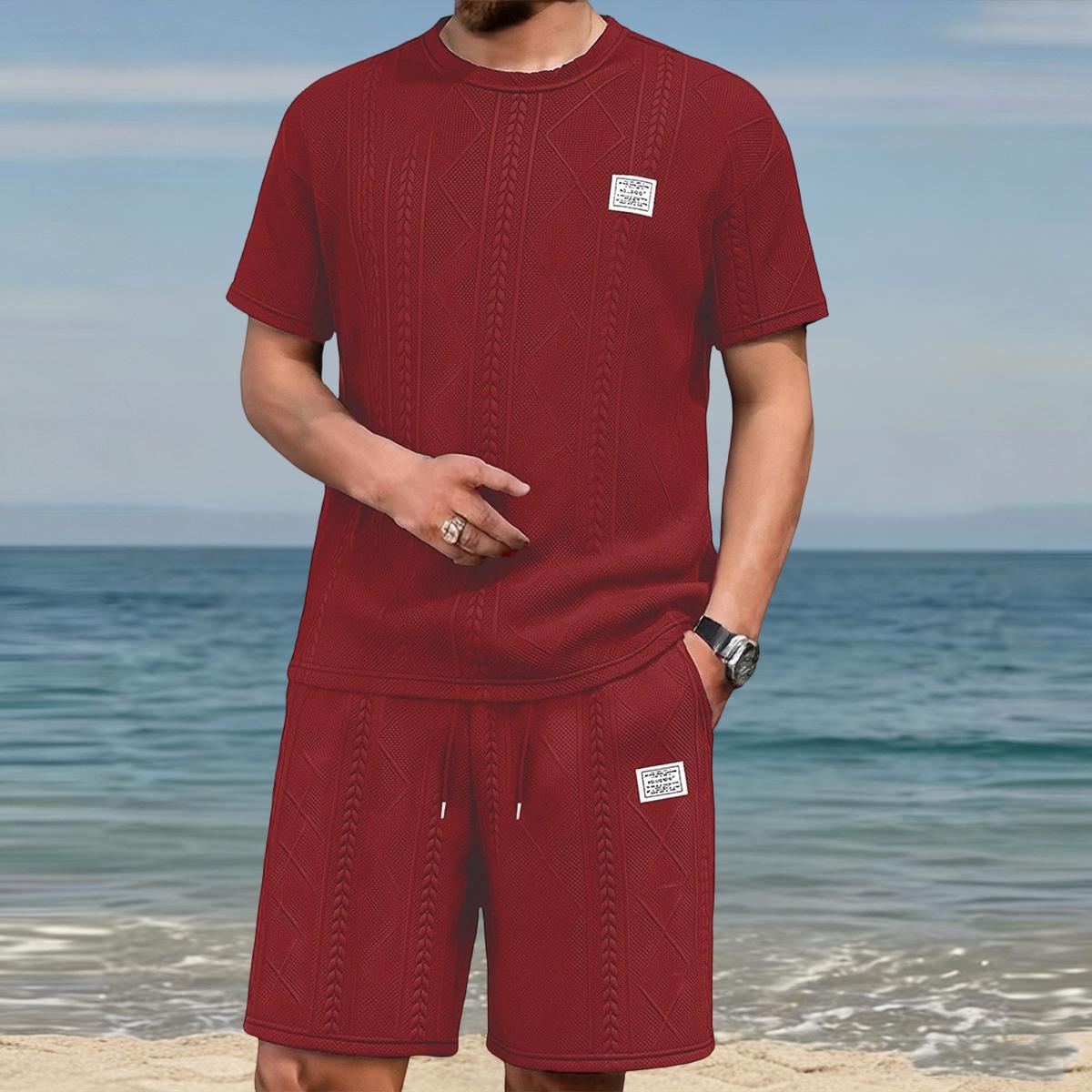 Men's Summer Casual Sports Suit 2-Piece texture Set Jacquard Texture Fabric Breathable Round Neck T-Shirt & Shorts Formal Tropical Man Top Suits Menswear Clothes Crewneck Shortsleeve  Suitable for daily leisure running tiktok shop deals gifts for him Spri