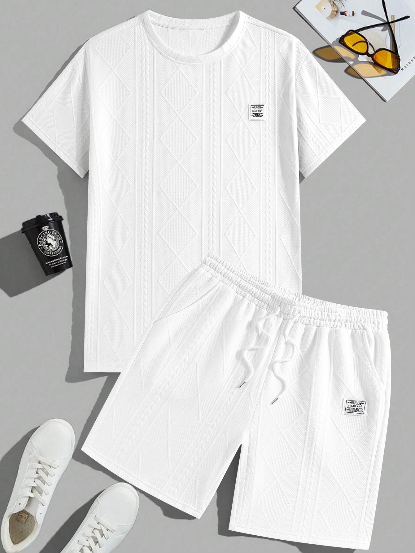 Men's Summer Casual Sports Suit 2-Piece texture Set Jacquard Texture Fabric Breathable Round Neck T-Shirt & Shorts Formal Tropical Man Top Suits Menswear Clothes Crewneck Shortsleeve  Suitable for daily leisure running tiktok shop deals gifts for him Spri