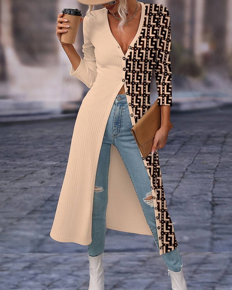 Striped Colorblock Open Front Longline Ribbed Coat