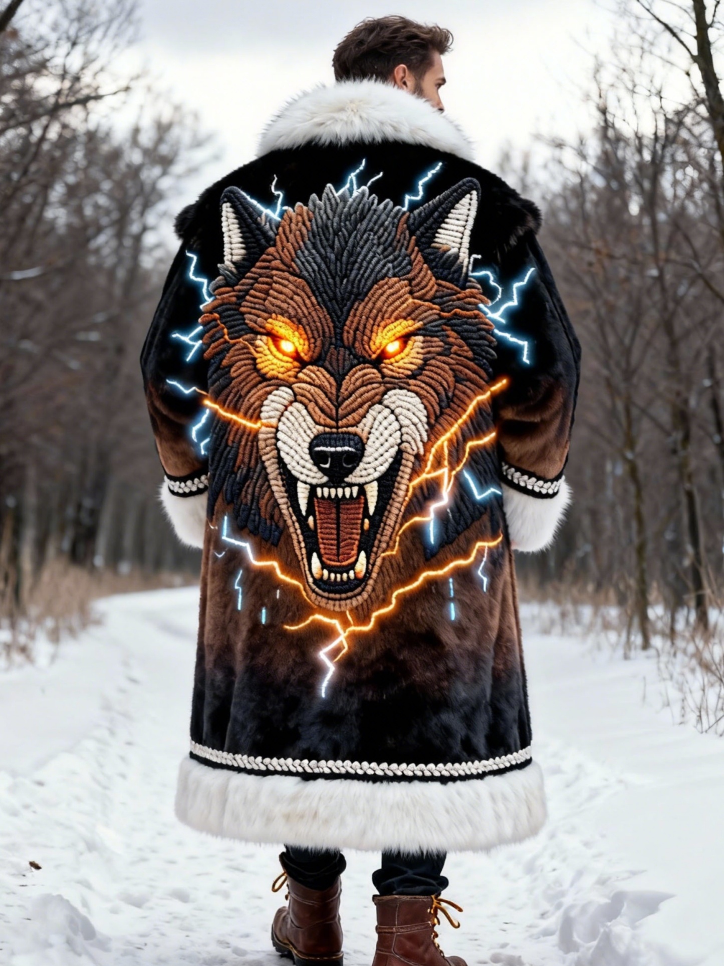 Men's Brown-Black Lightning Wolf Plush Long Coat