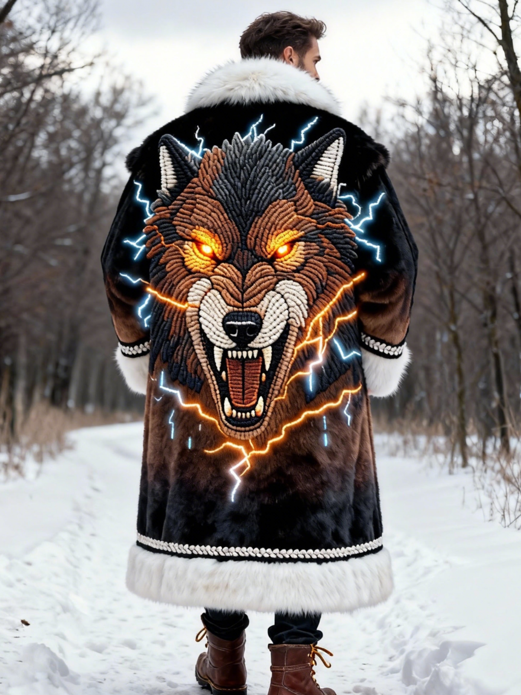 Men's Brown-Black Lightning Wolf Plush Long Coat