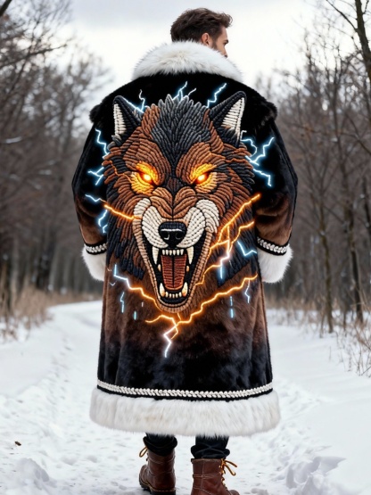 Men's Brown-Black Lightning Wolf Plush Long Coat