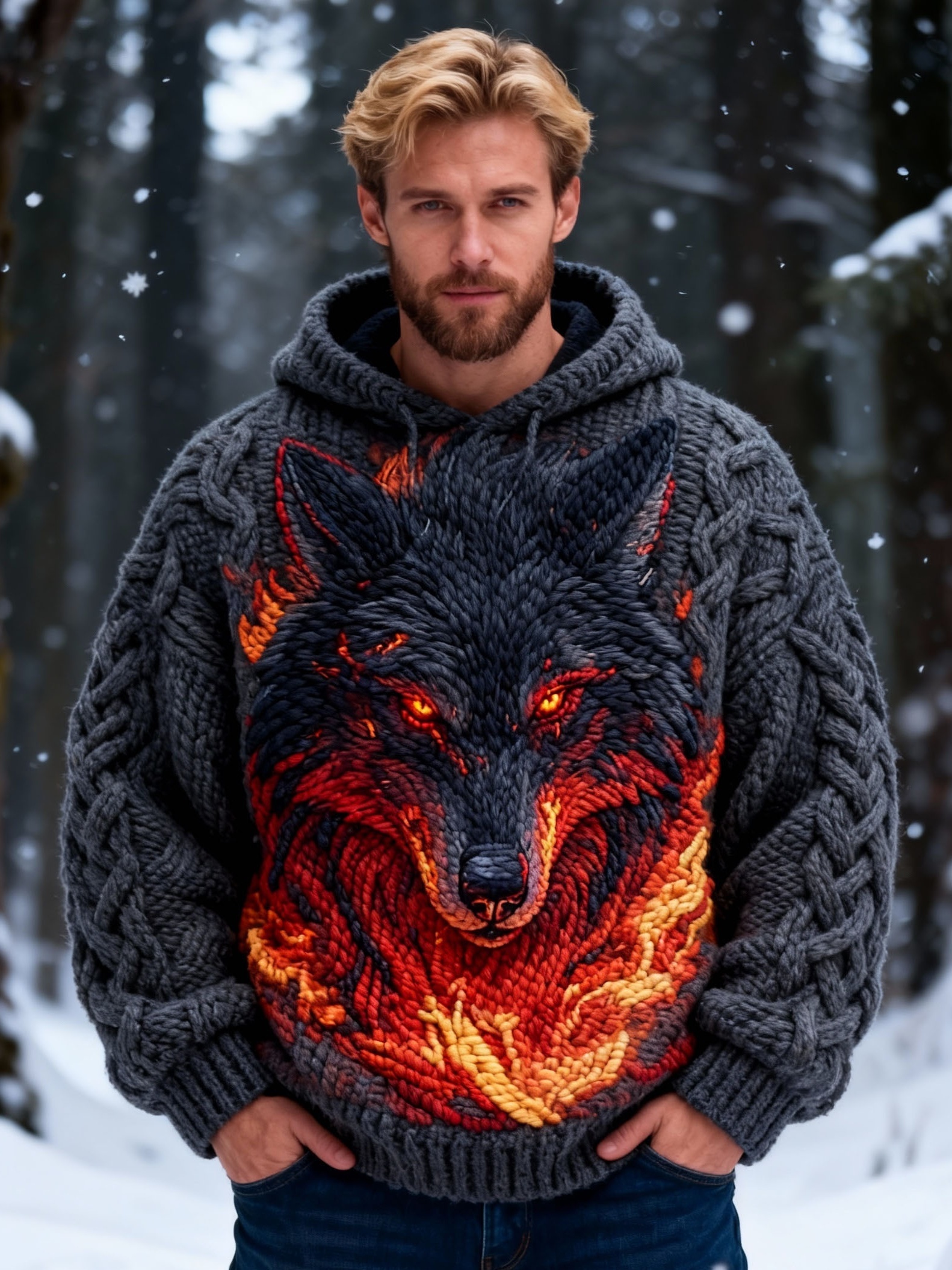 Men's Flame Red Eye Wolf Chunky Knit Hooded Sweater