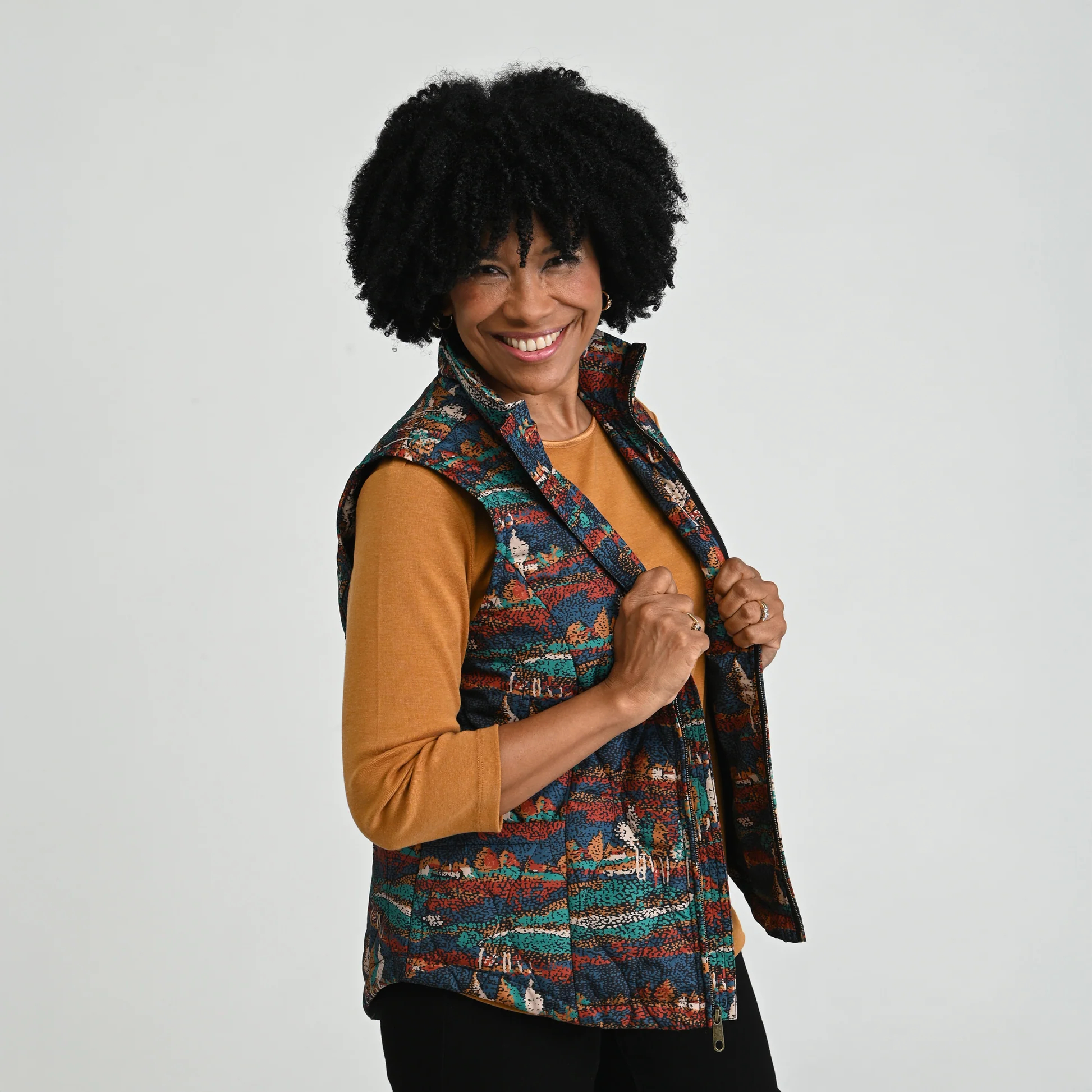 Quilted Zip Front Printed Vest