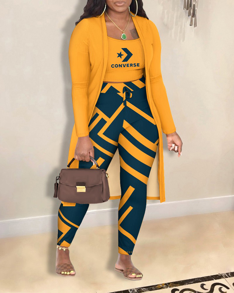 Plus Size 3PCS Cami Top & Geometric Print Pants Set With Coat