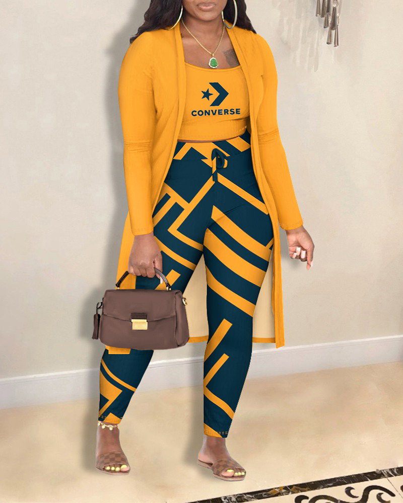 Plus Size 3PCS Cami Top & Geometric Print Pants Set With Coat