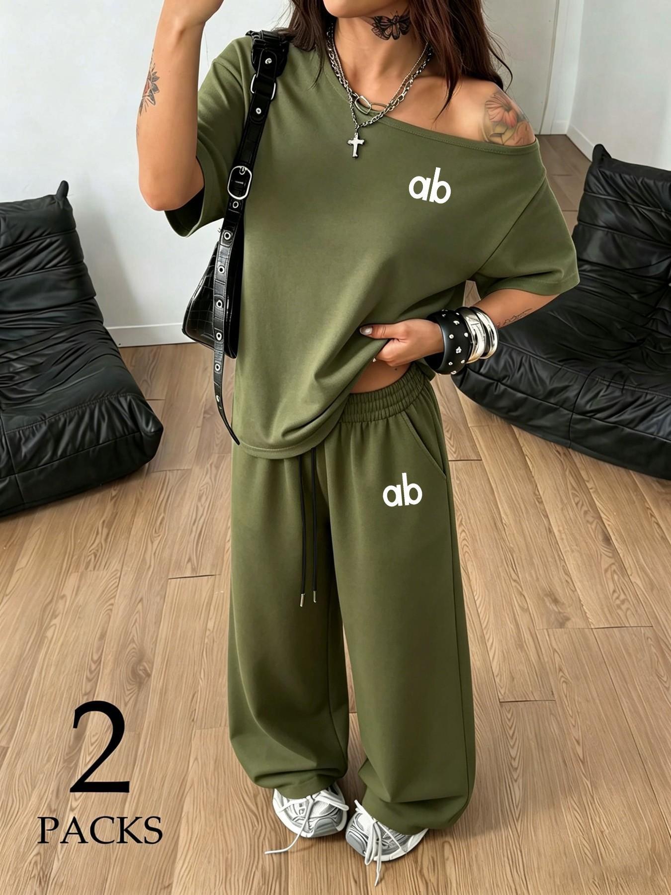 Women ab Letter Print Off-Shoulder Oversized T-Shirt & Wide Leg Pants Two Piece Set, Womenswear, Loose Fit, Soft Breathable Cotton Fabric, Perfect for Street Style, Daily Errands & Casual Lounging, Clothes, Casual Outfit Set