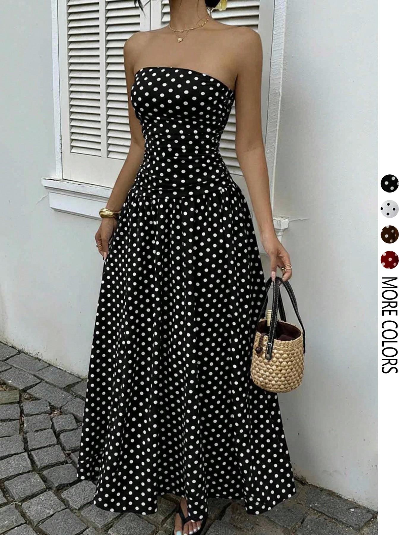 Women's Elegant Chic Fashion Polka Dot Strapless Dress, Stylish Sleeveless Maxi Dress for Parties and Casual Wear