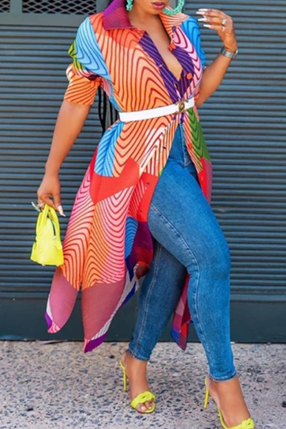 Plus Size Red Casual Half Sleeves Geometric Prints Stripe Colorblock Midi Dresses [Pre-Order]