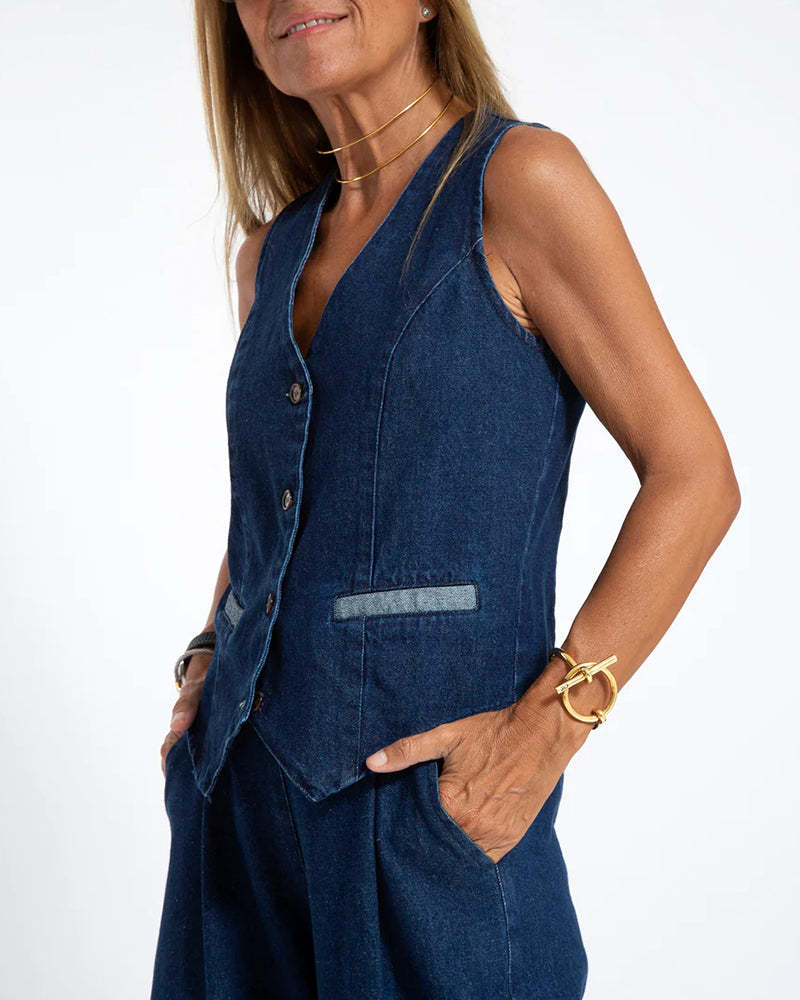 Casual Denim Two-piece Set Sleeveless Vest and Long Wide-leg Jeans Pants