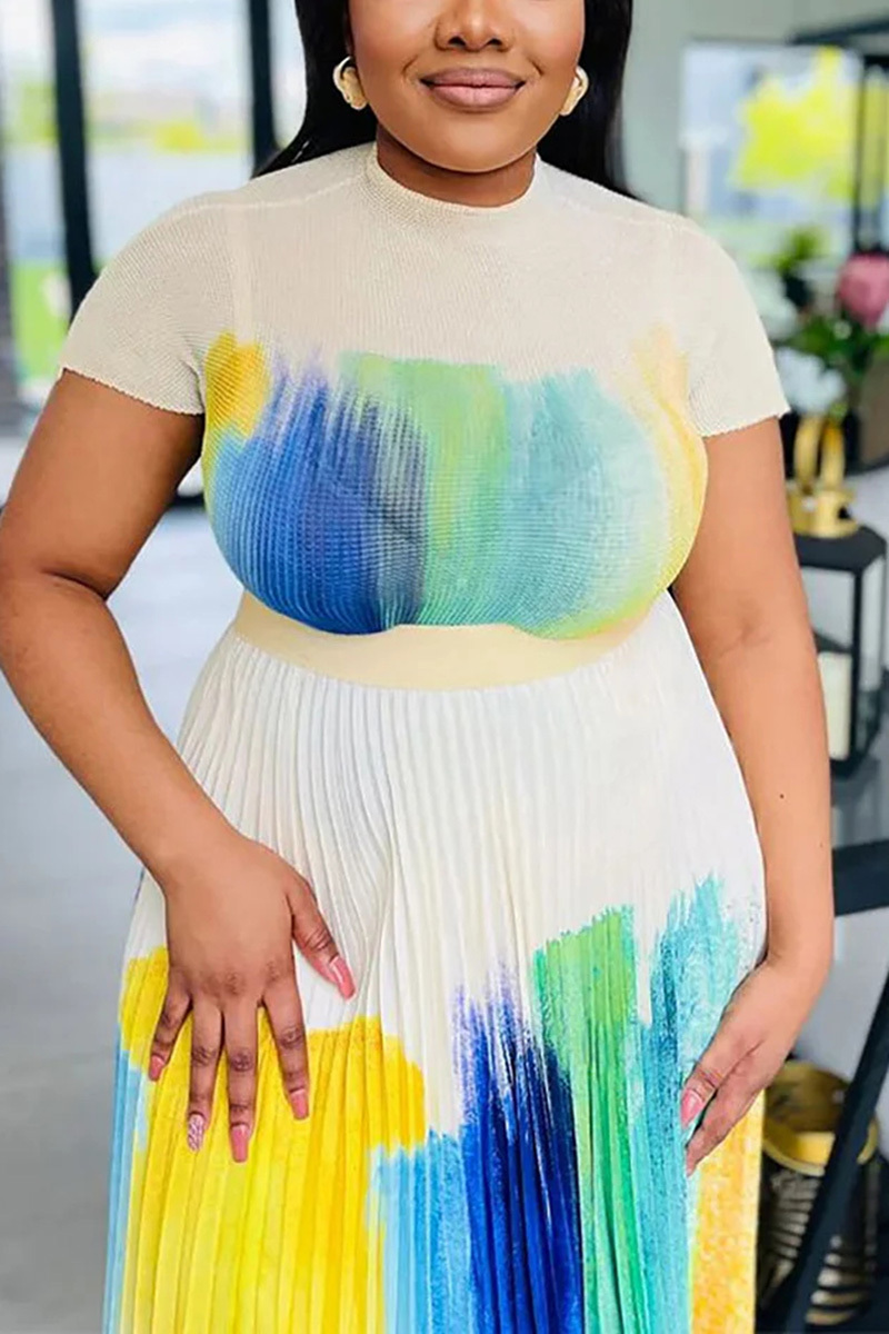 Plus Size Casual Tie-dye Print Pleated Short Sleeve Midi Dresses [Pre-Order]
