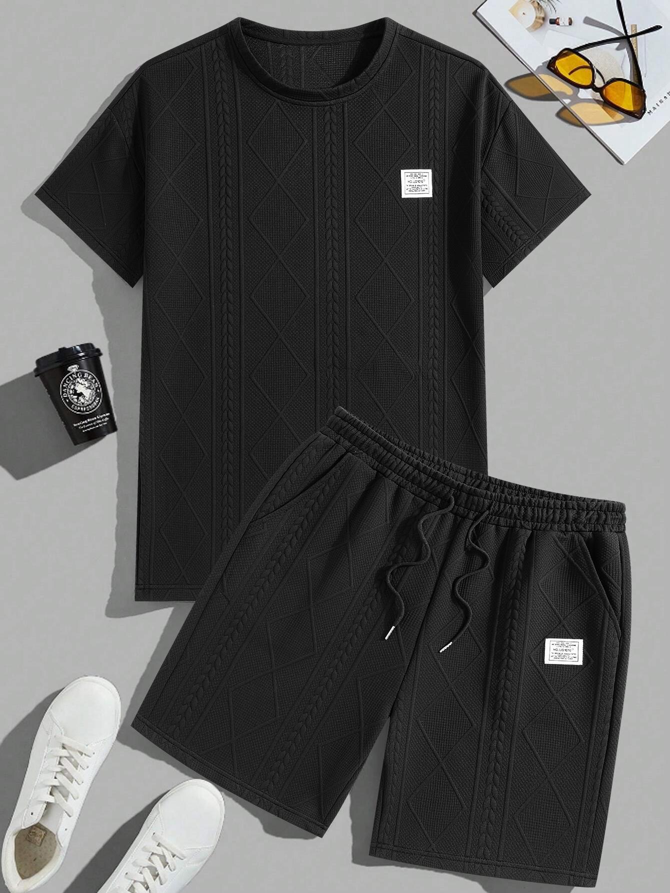 Men's Summer Casual Sports Suit 2-Piece texture Set Jacquard Texture Fabric Breathable Round Neck T-Shirt & Shorts Formal Tropical Man Top Suits Menswear Clothes Crewneck Shortsleeve  Suitable for daily leisure running tiktok shop deals gifts for him Spri