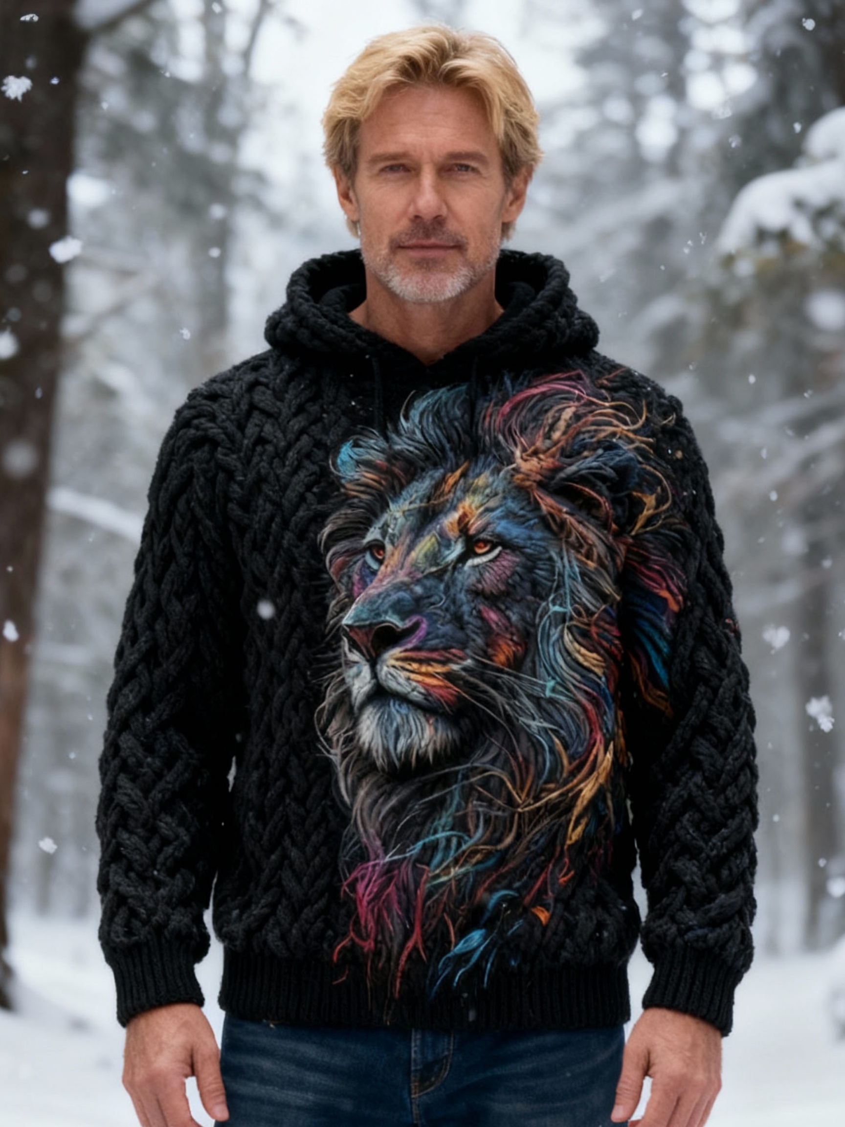 Men's Rainbow Lion Head Chunky Knit Warm  Hooded Sweater