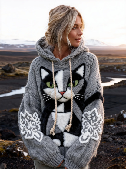 Women's Artistic Black and White Block Cat Drop-Shoulder Hooded Sweater