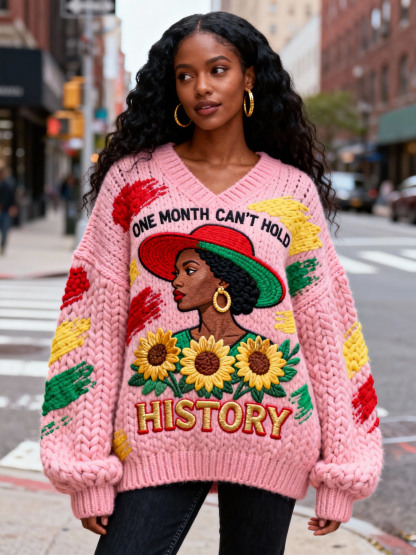 Women's "One Month Can't Hold History" Portrait & Sunflower Black History Sweater 