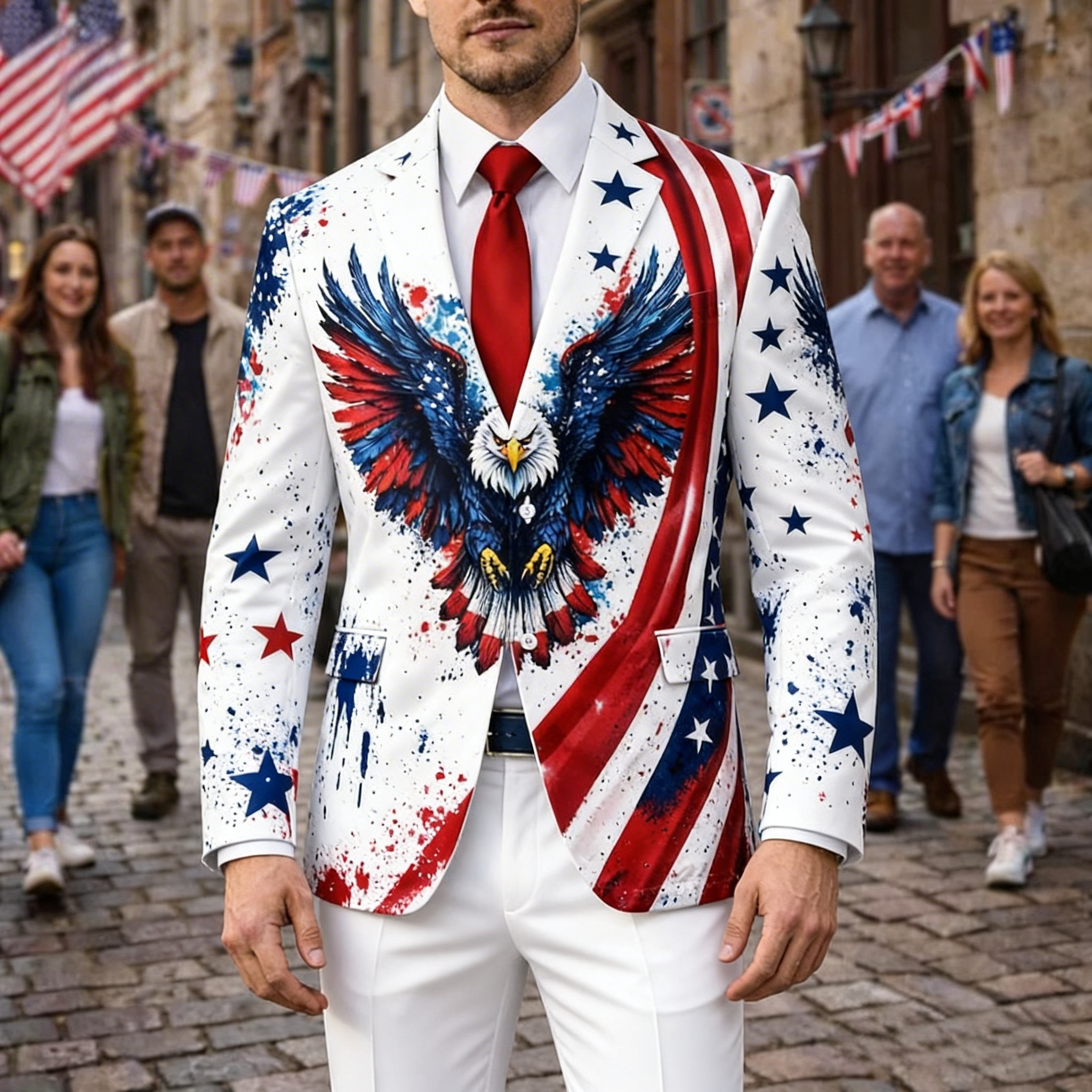 Men's Patriotic American Bald Eagle Splatter Blazer Suit 