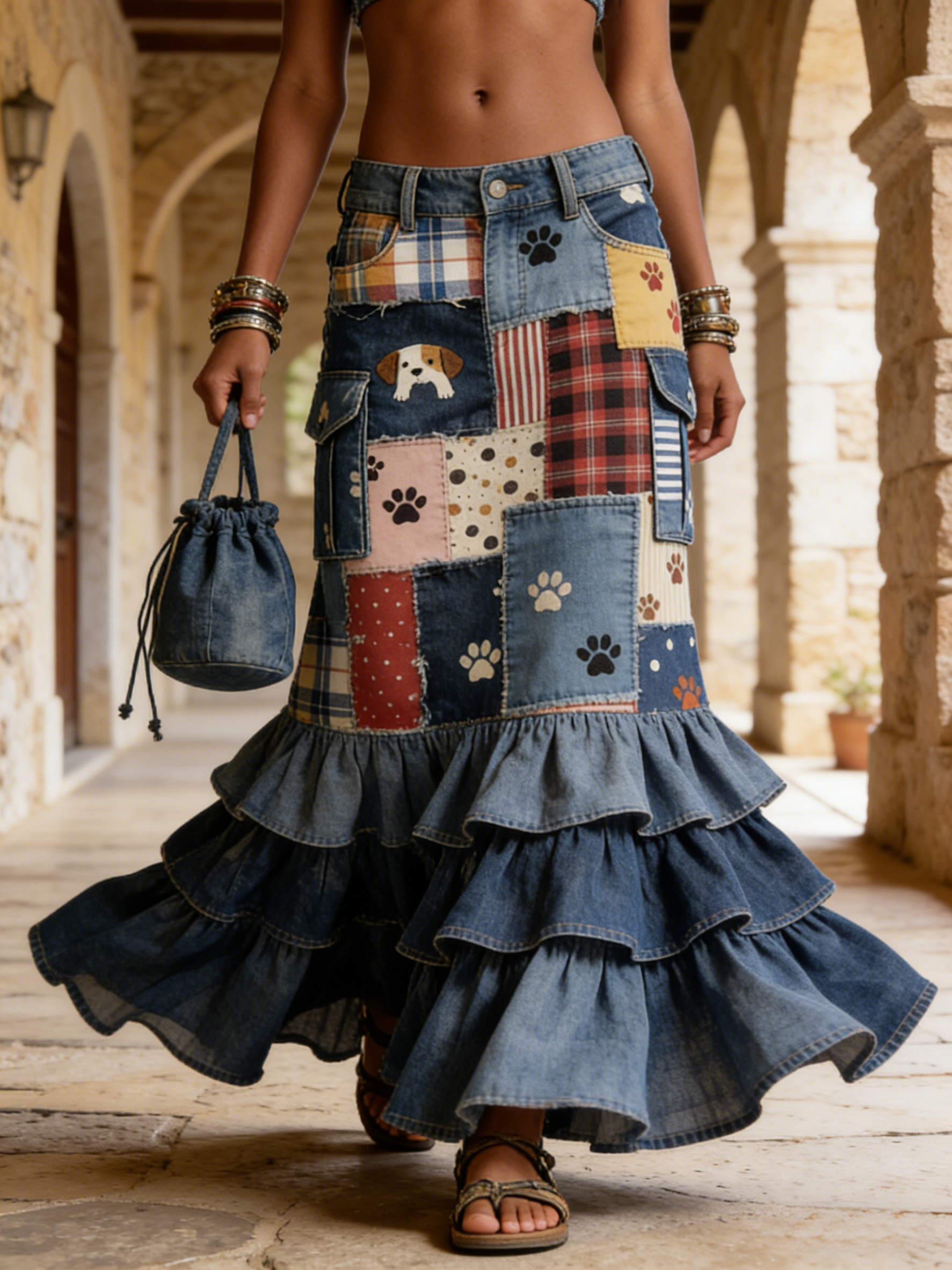 Multi-Layer Ruffle Dog Paw Print Patchwork Fishtail Denim Skirt