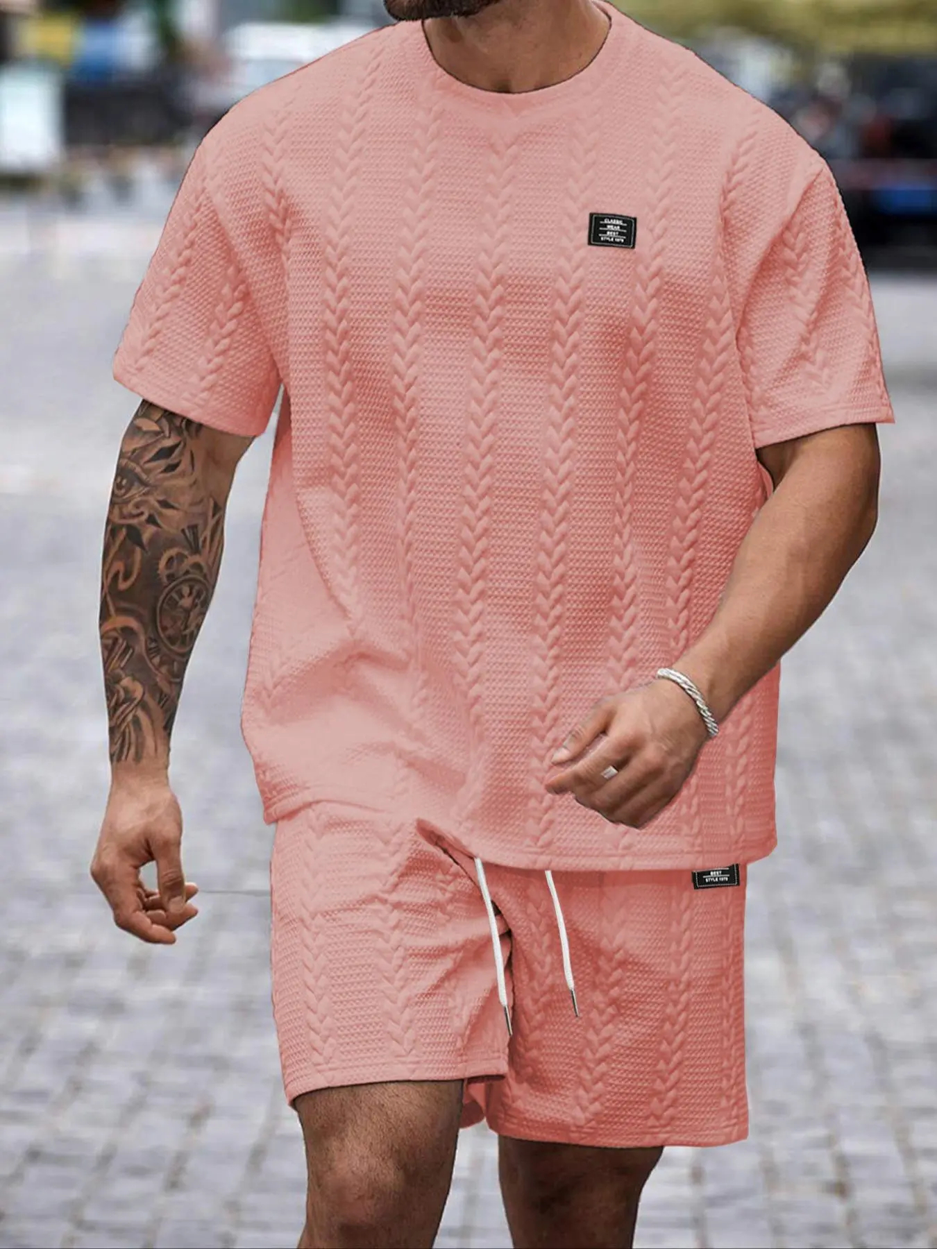 Men's Solid Textured Knit Patched Tee & Drawstring Waist Shorts Set