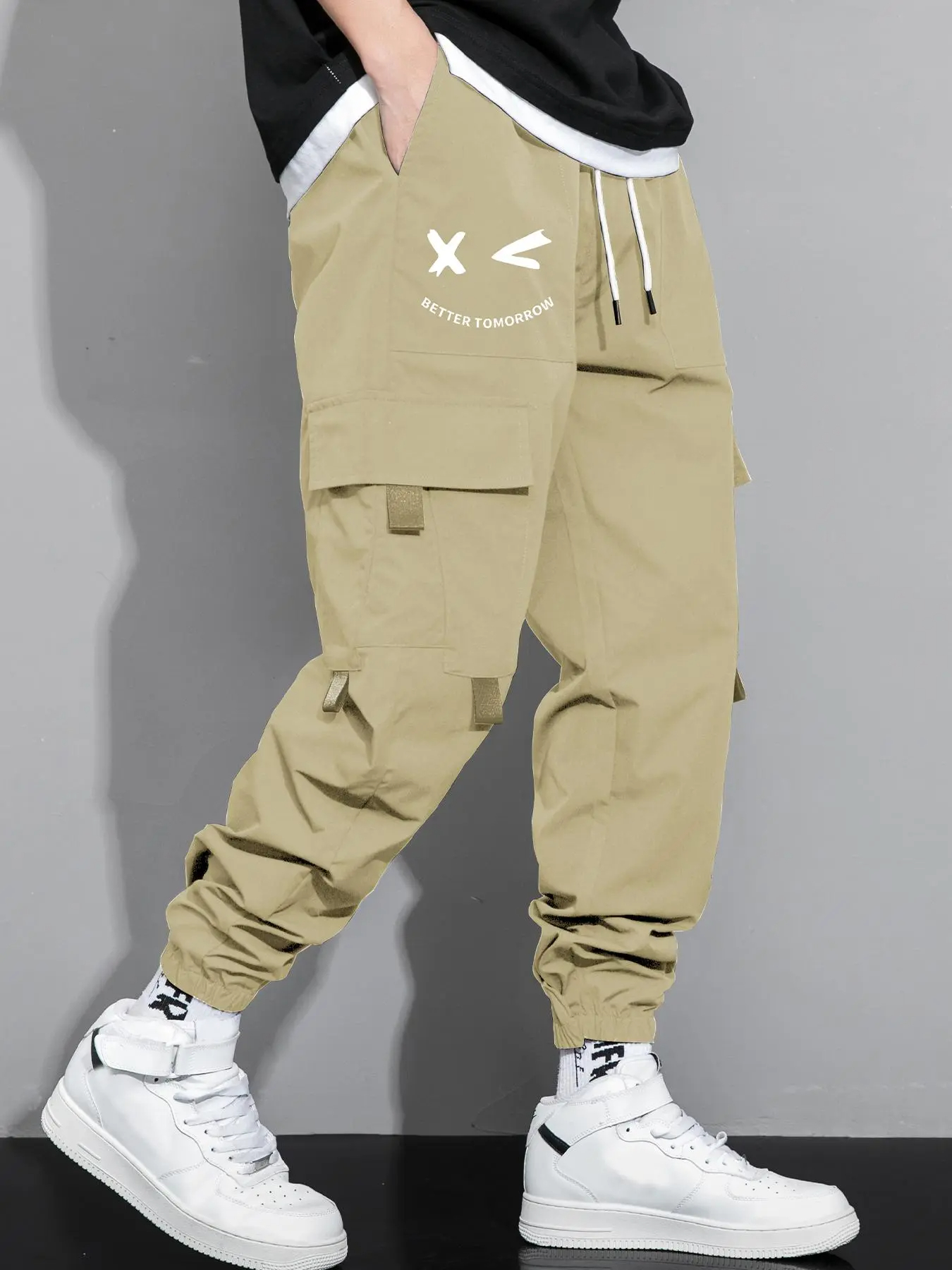 Men's Cartoon Face & Letter Print Drawstring Waist Cargo Pants