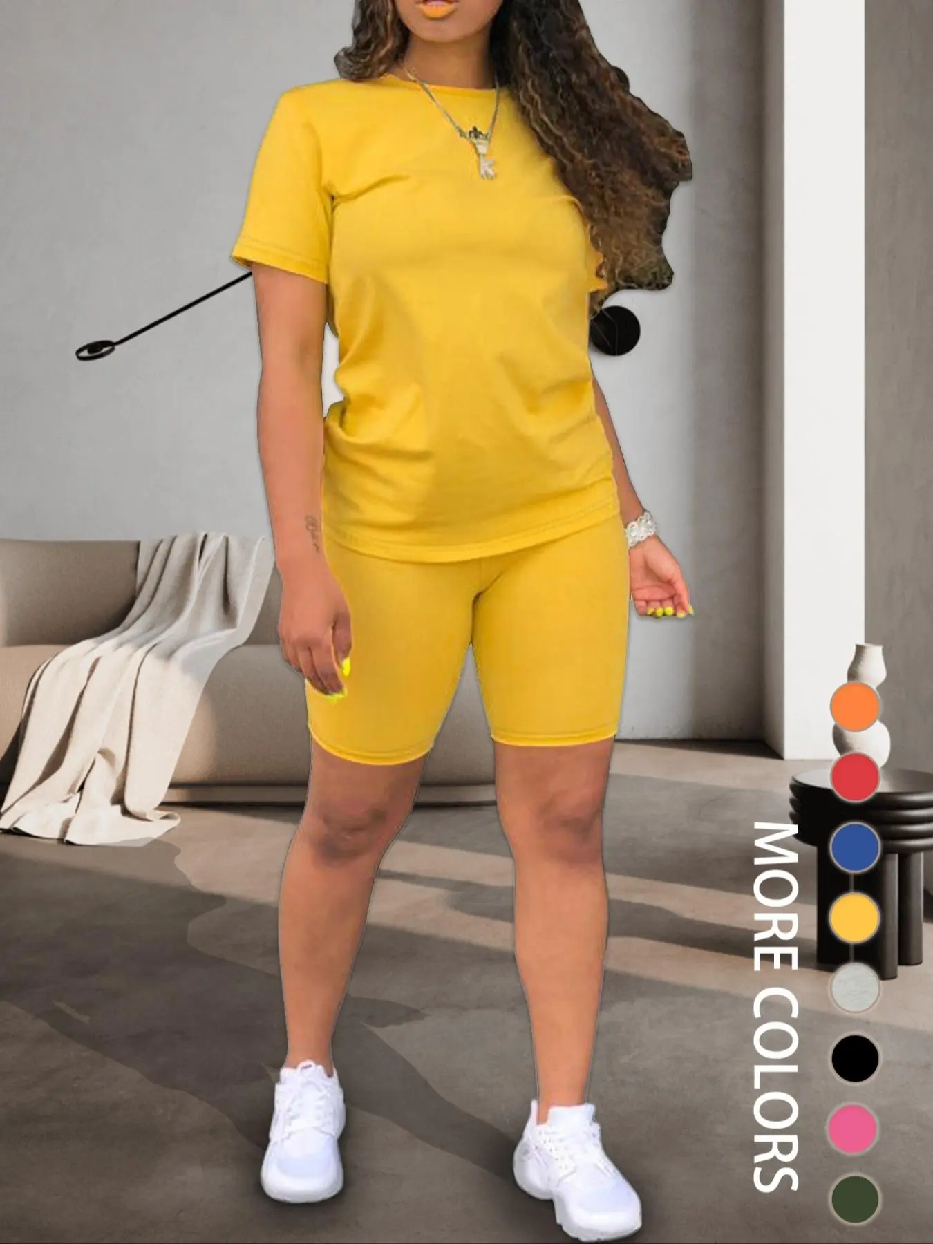 Women's Fitted Plain Round Neck Tee & Skinny Shorts Set