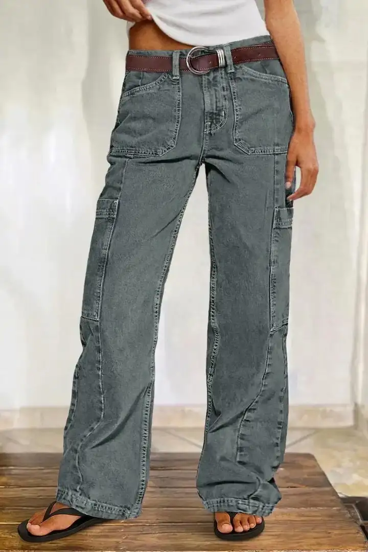 Women's Button Detail Mid Waist Straight Leg Cargo Pants Without Belt