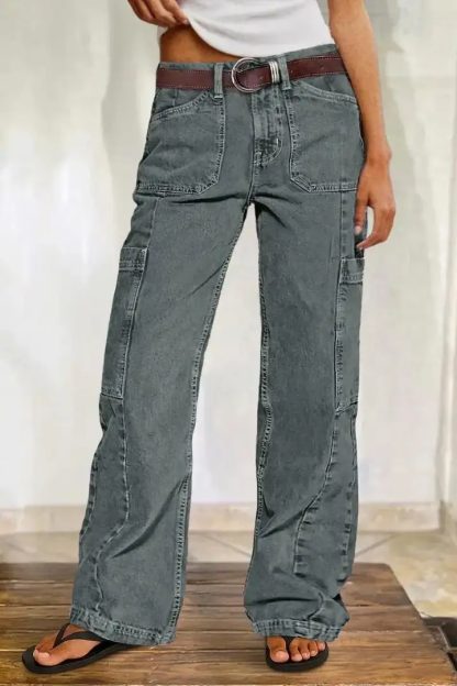 Women's Button Detail Mid Waist Straight Leg Cargo Pants Without Belt