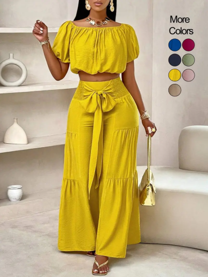 Women's Beach Vacation Bow Shoulderless Round Neck Shirt Wide Leg Pants Sets