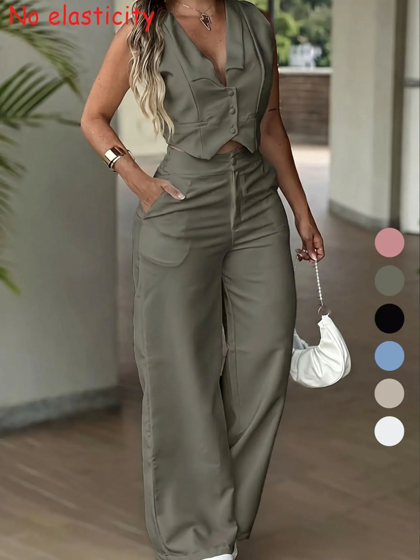 Women's Sleeveless Waist Cinching Vest Set, Wide Leg Pants