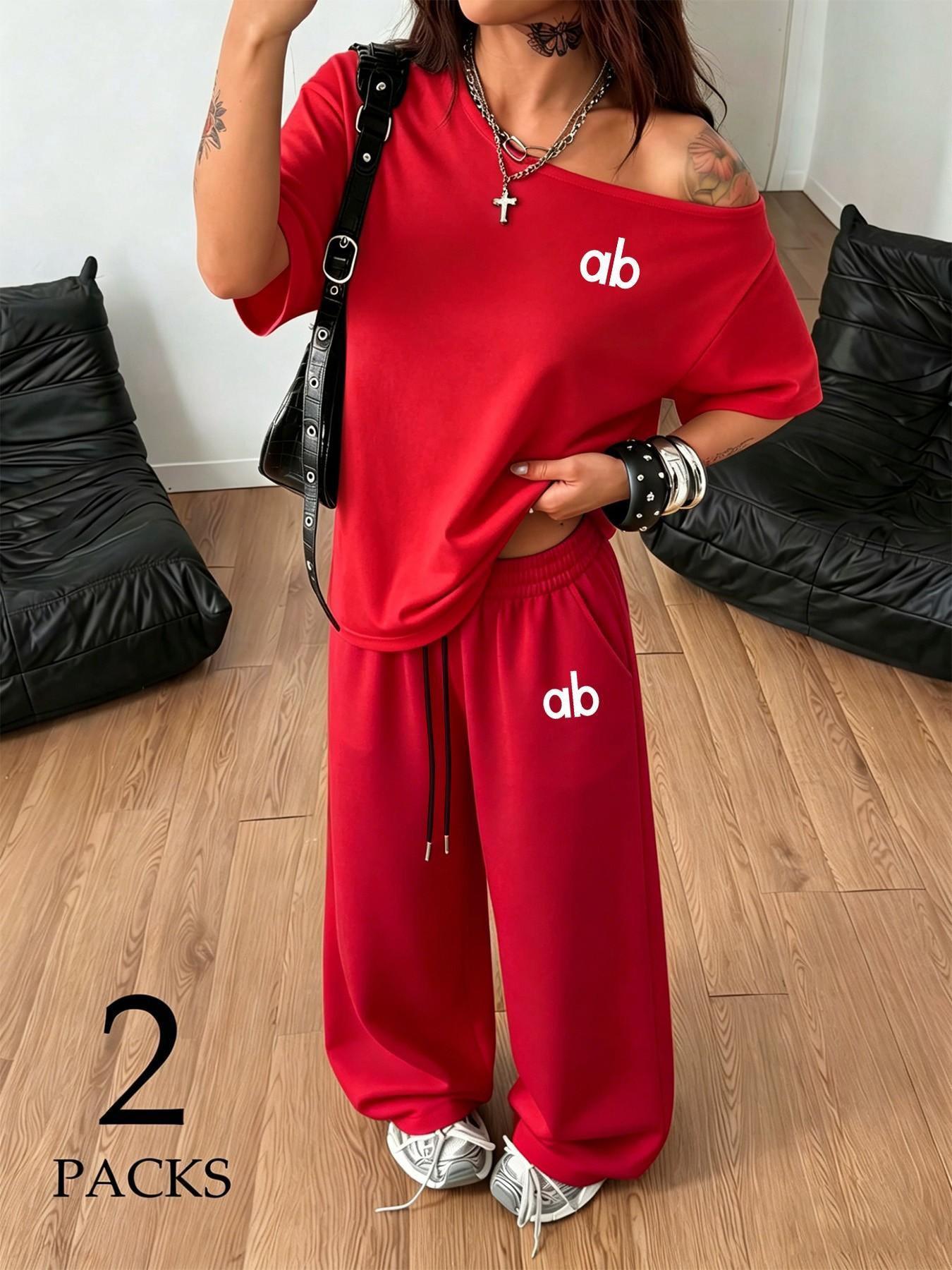 Women's Letter Print Off-Shoulder Oversized T-Shirt & Wide Leg Pants Two Piece Sets