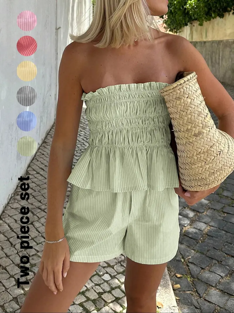 Women's Striped Print Tube Top & Shorts Sets