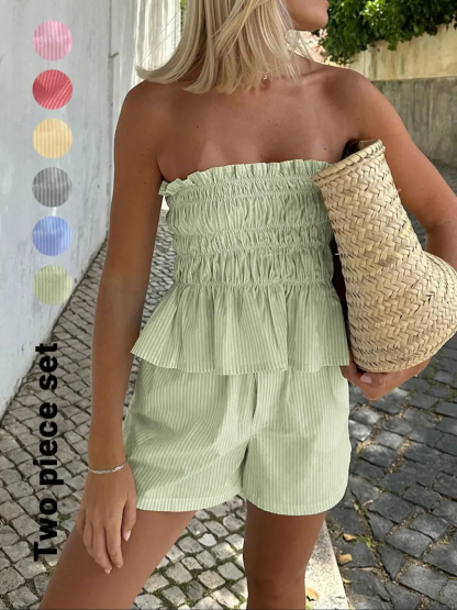 Women's Striped Print Tube Top & Shorts Sets