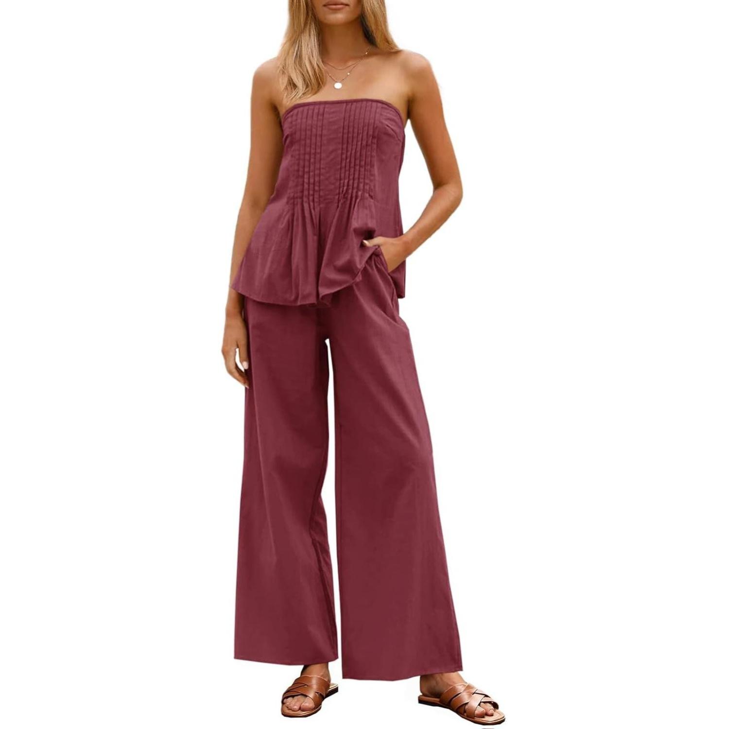 Women's Vacation Strapless Cotton Tube Top & Wide Leg Pleated Pants Matching Set