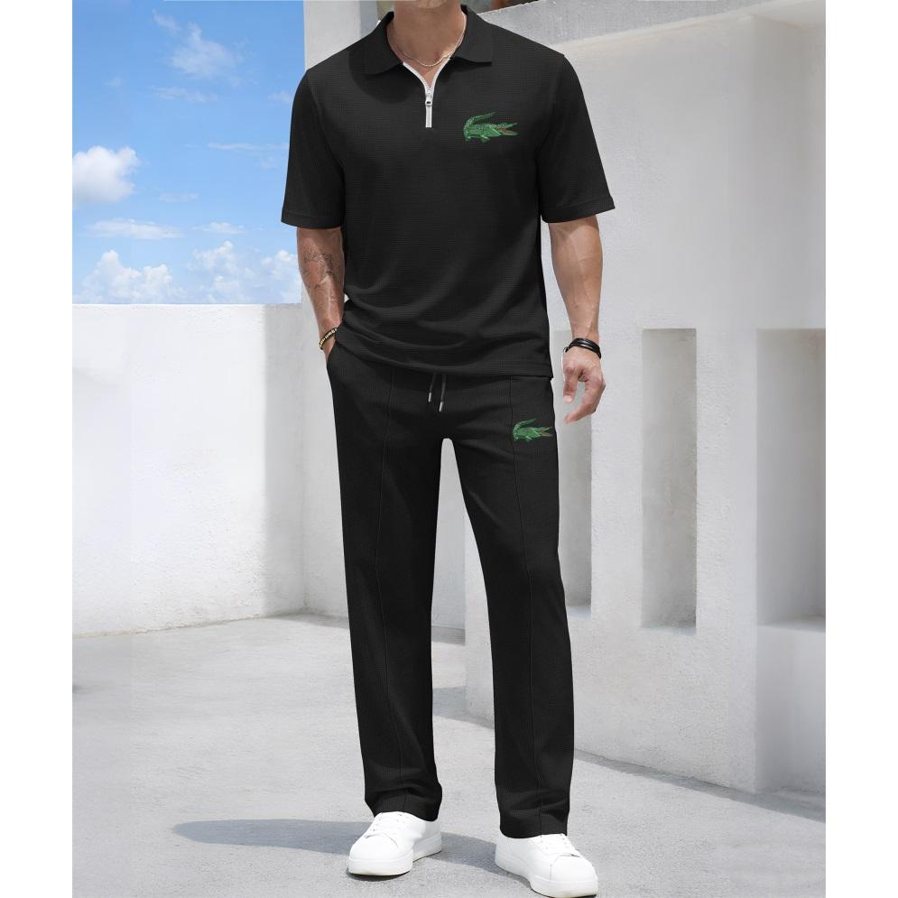 Men's Mechanical Crocodile Print Waffle-Knit Polo Shirt Set