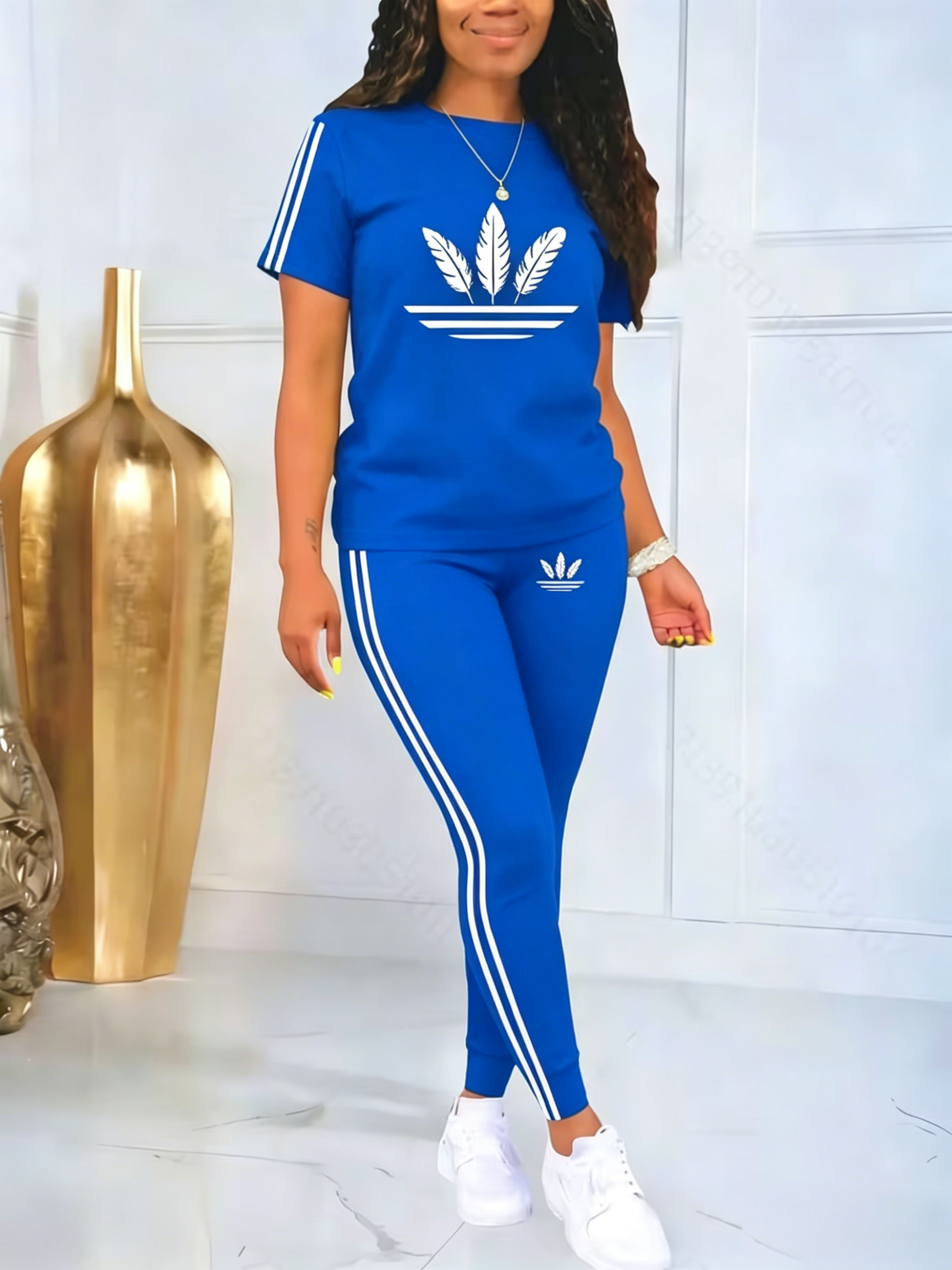 Women's Printed Casual Sporty Round Neck Drawstring Short Sleeve Two-Piece Set