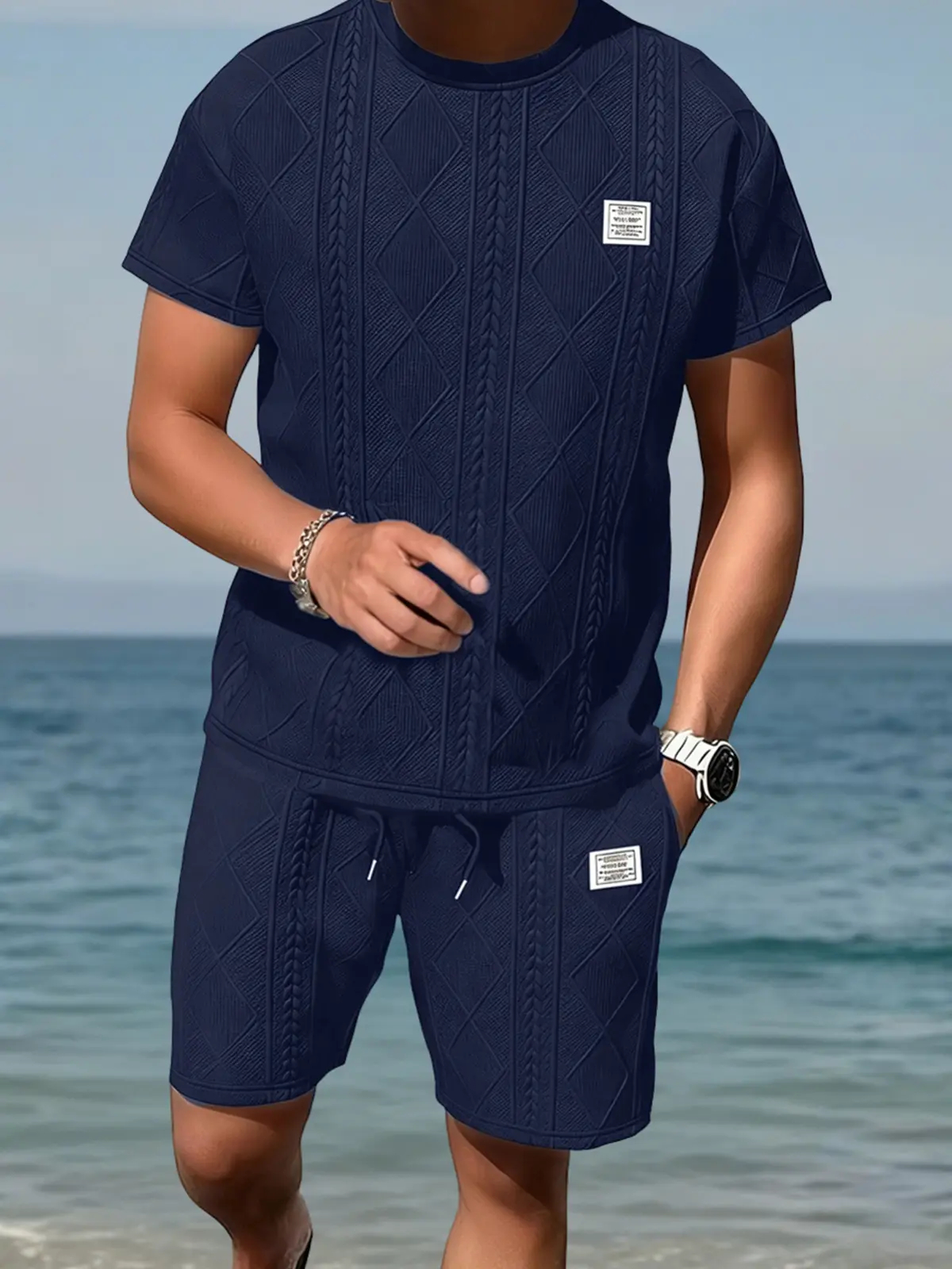 Men's Casual Summer Jacquard Texture Fabric Breathable 2-Piece Sports Suit