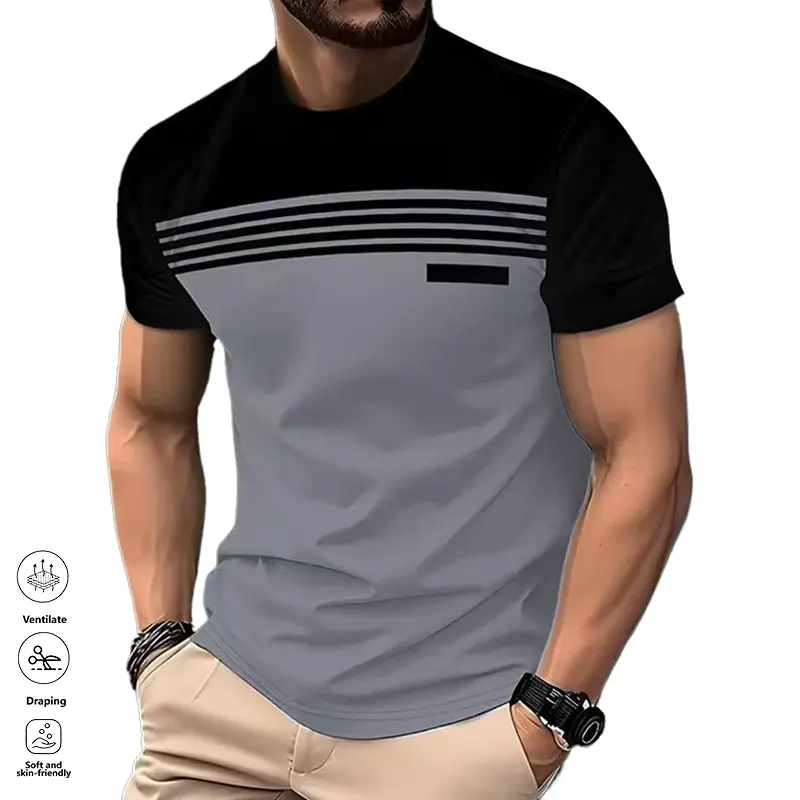  Men’s Casual Striped Panel Design Short Sleeve T-Shirts
