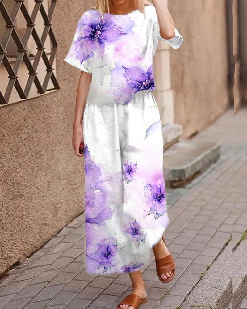 Casual Short Sleeve Floral Print Suit