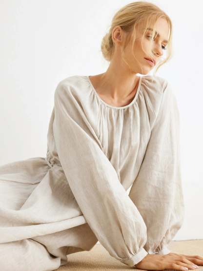 Maddie 100% Linen Puff Sleeve Drawstring Waist Dress