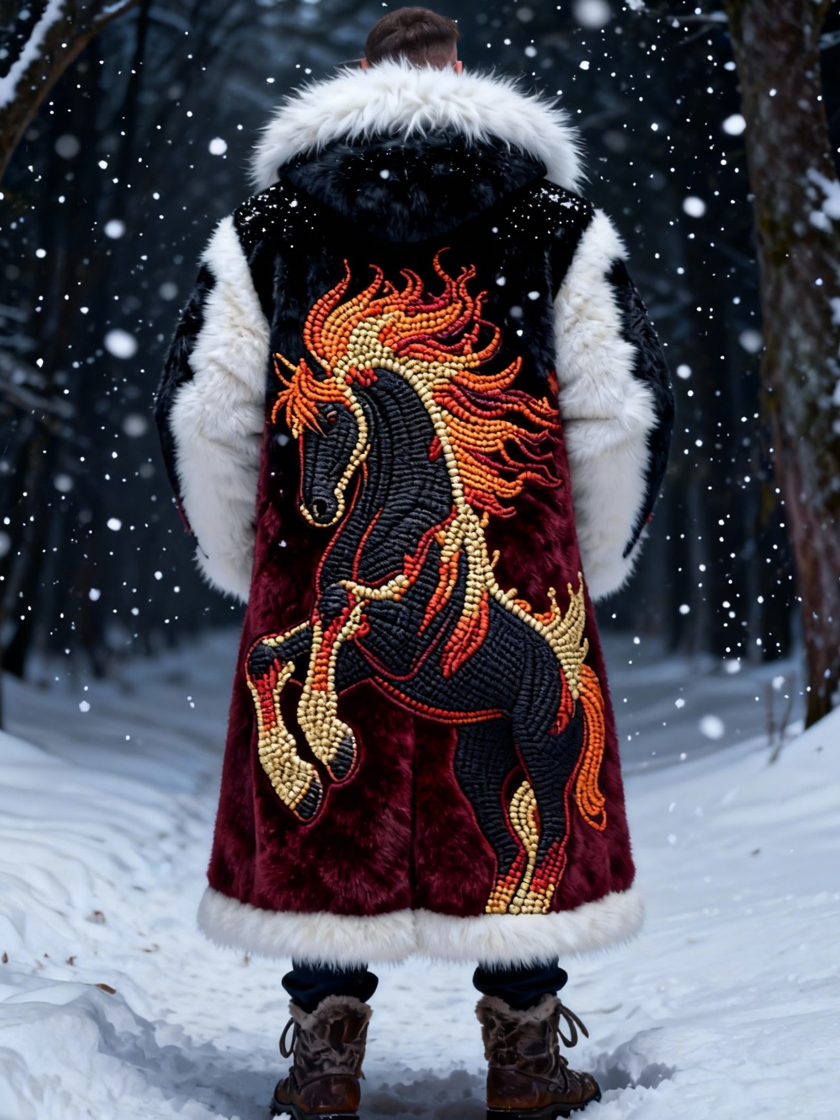 Men's Flaming Horse Pattern Plush Long Coat
